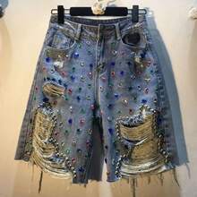 2026 Summer Short Pants High Waist Jeans Hole Shorts Women Stretch Distressed Washed Diamonds Streetwear Straight Denims - 藍色 - 查看 4