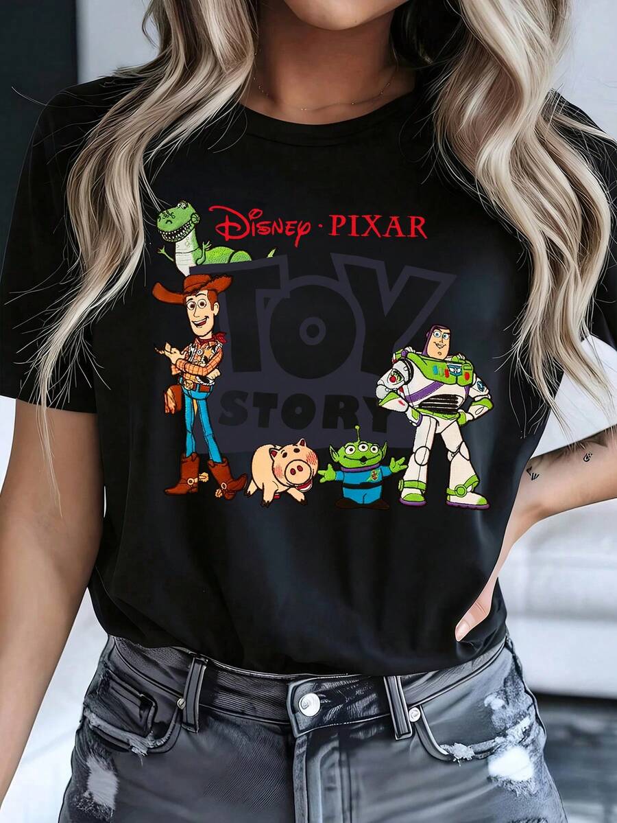 Women's Casual Disney Pixar Toy Story Graphic Print Short Sleeve T-Shirt In Black Cotton, Regular Fit Round Neck Tee With Slight Stretch Fabric - màu đen - Xem 1