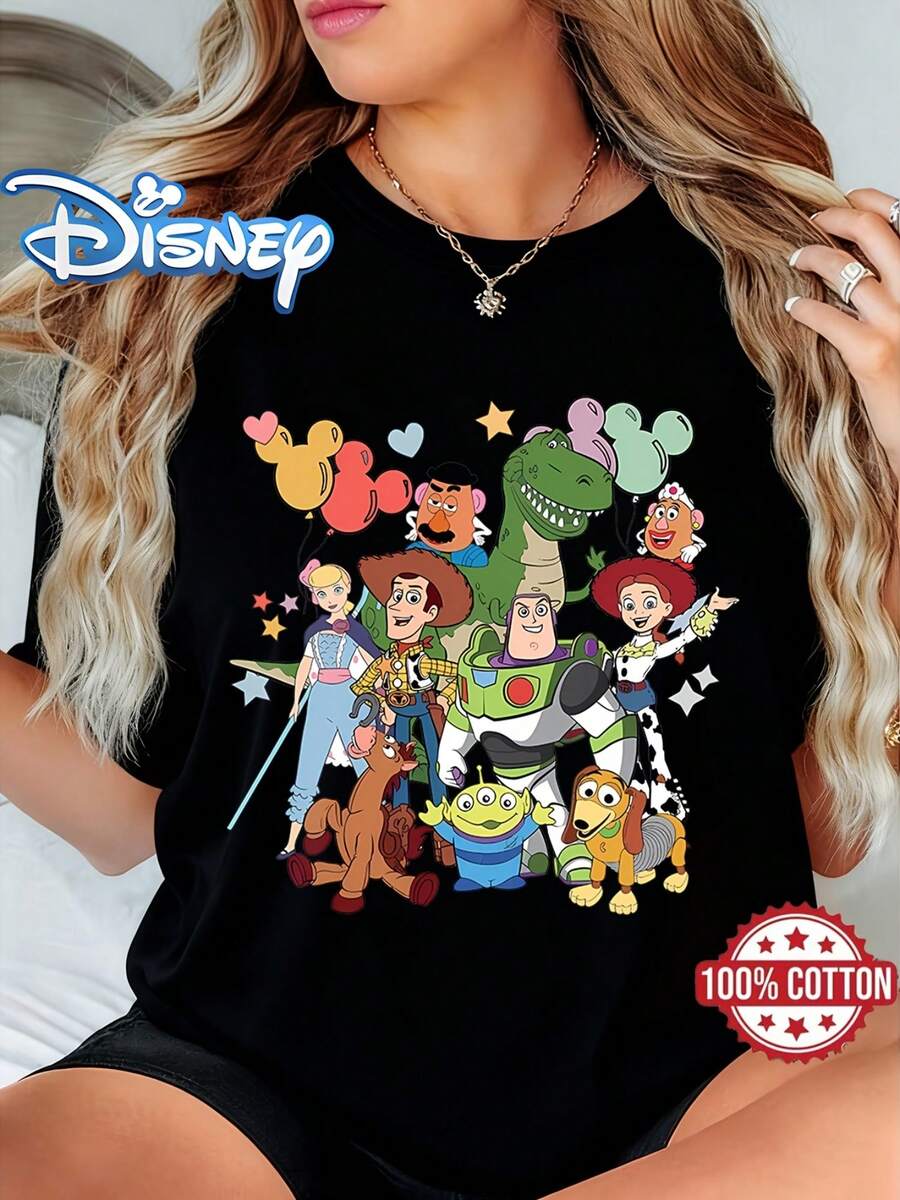(Loose Version), Toy Story, Everyone Gather! Disney Theme Printing, Suitable For Summer And Spring Seasons, Holiday Gift Party Clothing, Ladies Clothing. - Black - View 1