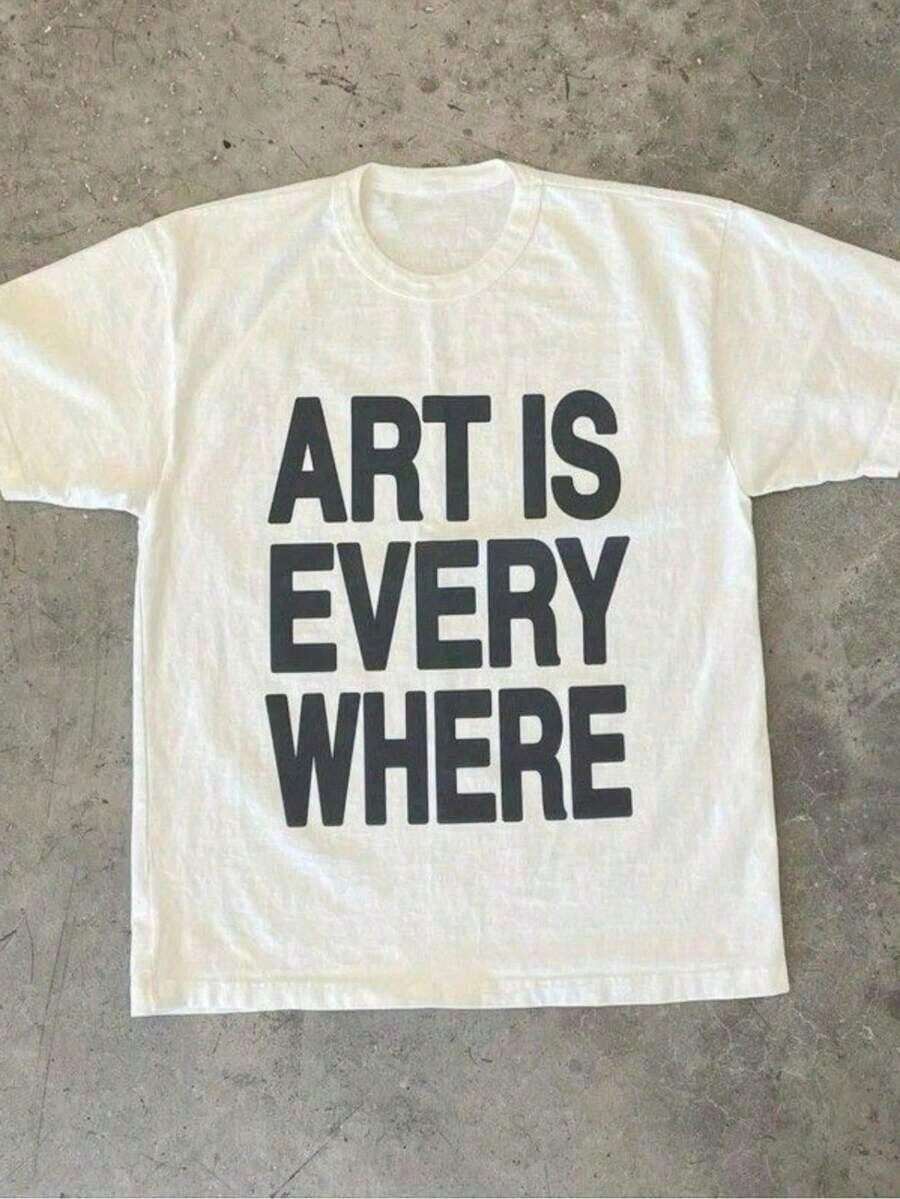Art Is Everywhere Graphic-Shirt - Soft, Breathable Crew Neck Tee, Lightweight & Comfortable Casual Summer Wear, Black Letter Print On White Background, Artistic Fashion Statement-Everyday Casual Cotton-Shirt,Cotton Graphic-Ghirt,Alphabet Print Unisex-ShirtMinimalist Style Sweatshirt Spring Top Spring Top - 白色 - 查看 1