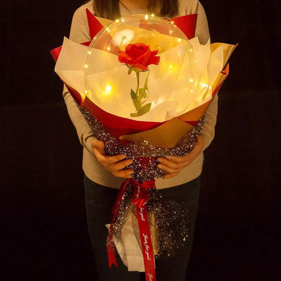 Ramo de Rosa Eterna con Globo Transparente y Luces LED Cálidas - 1 - Ver 1