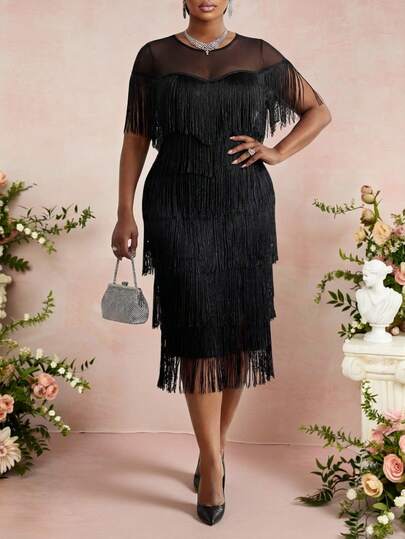 Fleurora 大码夏季优雅拼接网眼流苏饰边紧身连衣裙