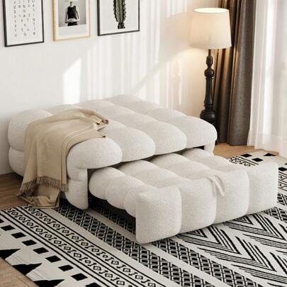 Polsterbett, 2-In-1-Fußhocker, Ausziehbares Schlafsofa, Einzelbett, Puffy-Bett,Teddy-Stoff, Beige