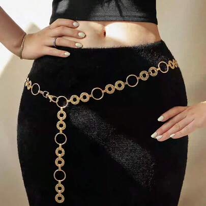 1pc Women's Hollow Round Wavy Pattern Waist Chain, Versatile High-End, Summer Beach Waist Belt/Gold Waist Chain, Millennium Accessories Waist Chain, Pants Chain, Waist Belt, Multi-Layer Sun And Moon Chain Waist Belt, Women's Beach Dress Accessories, Metal Waist Chain Style Belt, Gothic Style Accessories, Western Style Gold Chain Waist Belt, Daily Commute Style Waist Sash, Suitable For Daily Gatherings And Vacation Wear