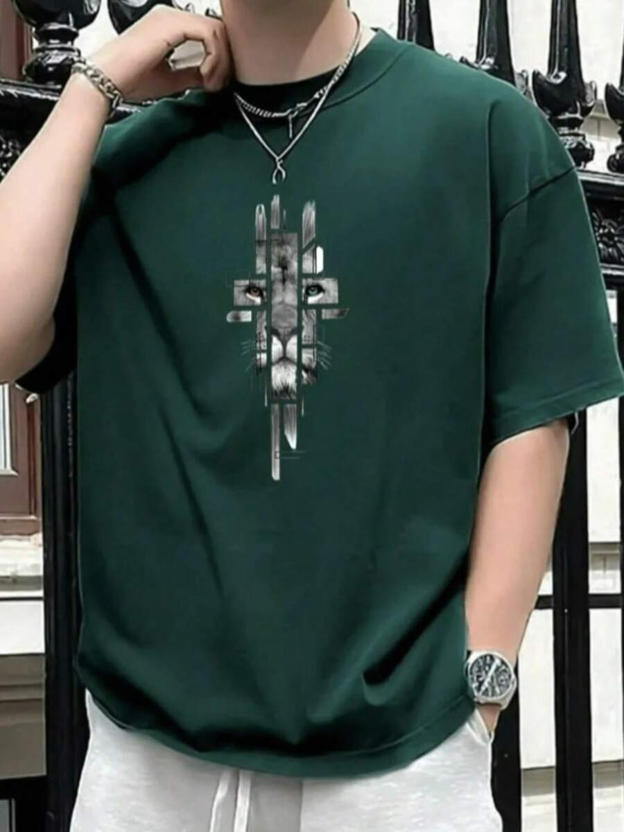 Men's Casual Printed T-Shirt 100% Cotton Model: Lion Cross - Special Sophisticated Street Streetwear Premium Quality  Store Summer Fashion - màu xanh lá - Xem 1