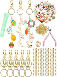 60/120件复活节钥匙扣制作套装，包含彩色合金吊坠（含彩蛋和兔子元素）、钥匙扣、细链和工艺钳，可用于DIY包包链和钥匙扣装饰 - 彩色 - 查看 7