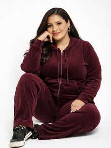 Pietra Plus Size Fleece Set, Autumn/Winter Collection, Women's Fashion, Super Versatile - Burgundy - View 3