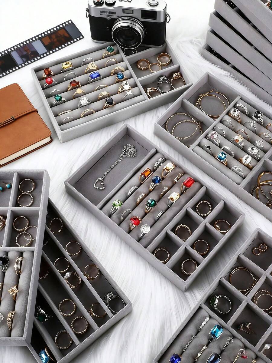 1/9pcs Velvet Jewelry Display Tray Large Capacity Organizer Independent Compartment Holder Multi-Slot Storage Box Minimalist Necklace Bracelet Ring Earring Pendant Case Luxury Gift Set - Multicolor - View 1