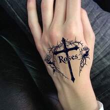 AMIFANS 哥特十字玫瑰半永久纹身贴纸，可持续1-2周，持久耐用，果汁纹身，逼真纹身，浪漫纹身，仿真纹身，防水，仿纹身效果，小众设计纹身，水果纹身，植物纹身 - 黑色 - 查看 4