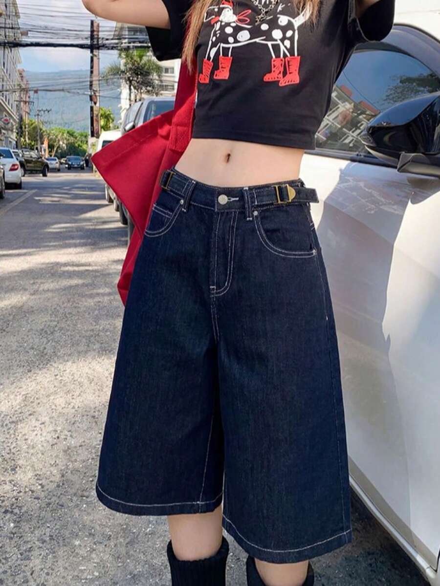 复古美式设计可调节腰围宽松直筒及膝牛仔短裤 - 寶藍色 - 查看 1