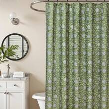Cortina de ducha con estampado floral en verde salvia - Tela de mezcla de algodón con estampado vintage a bloques, decoración de baño estilo granja francesa, patrón estético de Cottagecore - Ajrakh2 Verde salvia - Ver 9