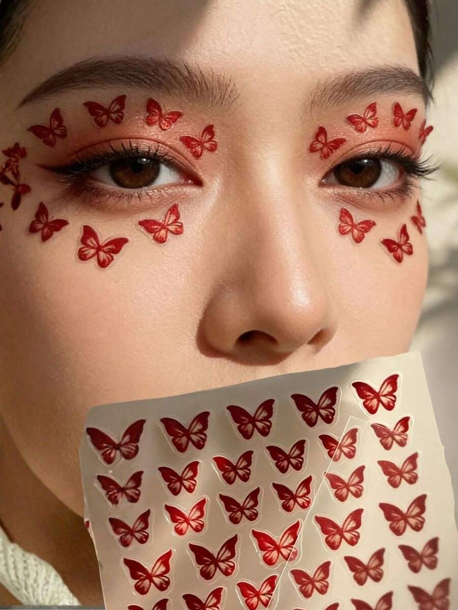 1pc Vintage Red Butterfly Face Sticker, Instantly Creates A Mysterious And Charming Atmosphere, Suitable For Chinese Style, And Other Styles, Easily Creates Atmospheric Makeup, Applicable For Concerts, Music Festivals, Children's Performances, Self-Adhesive And Easy To Use. - Multicolor - View 1