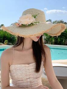 1pc Women's Straw Hat, Bohemian French Floral Large Brim Beach Vacation Sun Hat, Suitable For Daily Outdoor Use,Summer,Holiday,Travel - Multicolor - View 3