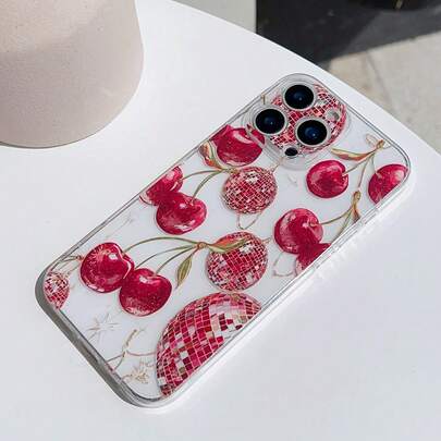 1个樱桃图案透明防摔手机壳，TPU材质，适合作为节日礼物，兼容苹果XS/XS Max/XR/11/12/13/14/15/16 Pro/Pro Max/14/15/16 Plus/17，男女通用