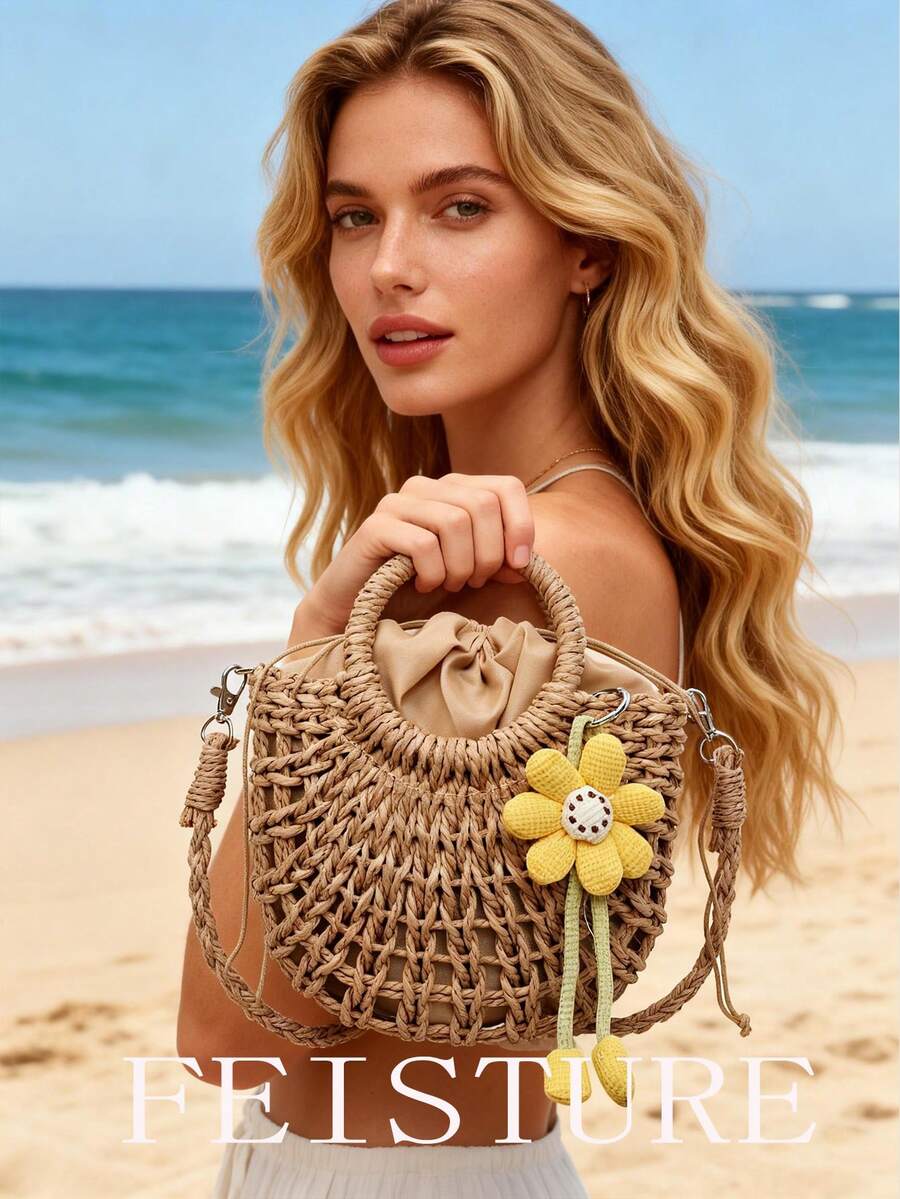 春夏新款草编手提包，时尚女士沙滩包，编织包，附赠绳饰，关注店铺即可获赠。