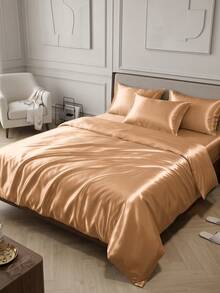 2/3pcs Satin Duvet Cover Bedding Set, Soft & Comfortable Bedroom Bedding Set, Solid Color Skin-Friendly Duvet Cover, 1/2pcs Pillowcase And 1pc Duvet Cover, Silk Satin Bedding Set, Suitable For All Bed Sizes - Twin/Full/Queen/King, Soft & Breathable, Oeko-Tex Certified - Camel - View 4