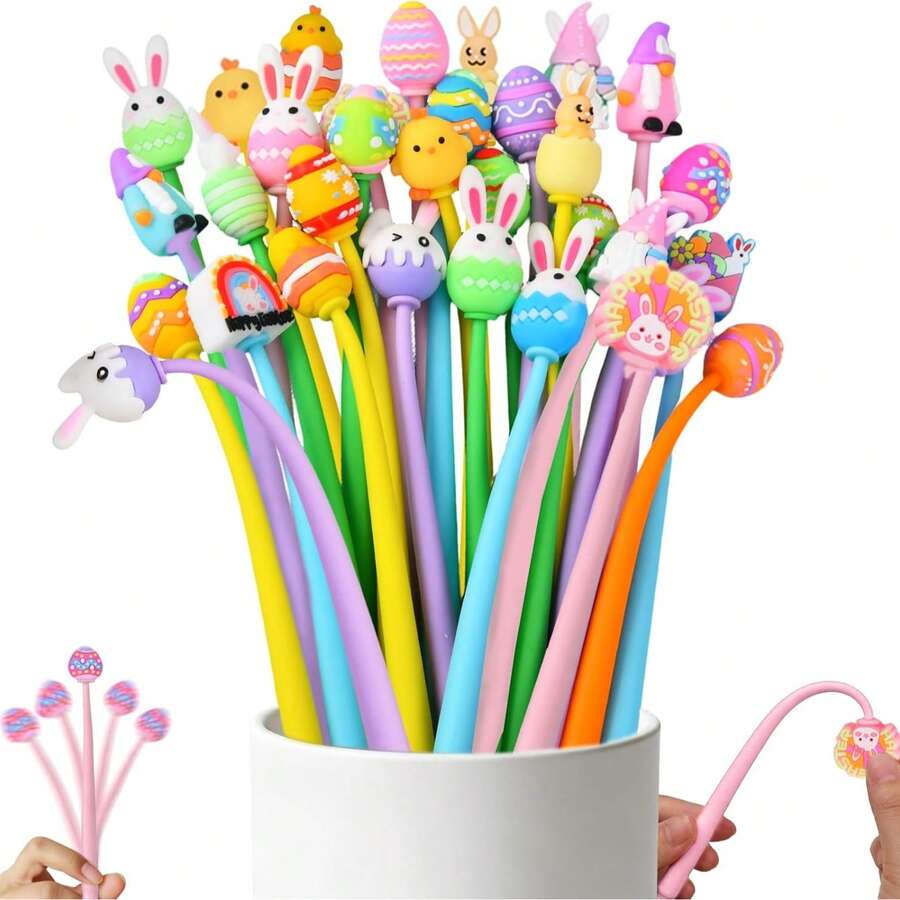 30/24/18/12/6/3/1 piezas Bolígrafos con cabeza de burbuja de dibujos animados para alivio del estrés con patrones coloridos de huevo, conejo y pollito, regalos de fiesta, regalos de papelería y suministros duraderos, recompensas lindas y divertidas para el aula y suministros de oficina