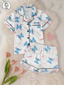 Disney Bộ đồ ngủ 2 mảnh in hình hoạt hình Stitch, kiểu dáng dễ thương, thoải mái, đa năng, tay ngắn, cạp chun, quần short cho bé gái tuổi teen, chất liệu mềm mại, thoáng khí như lụa, phù hợp mặc nhà mọi mùa. - trắng - Xem 1