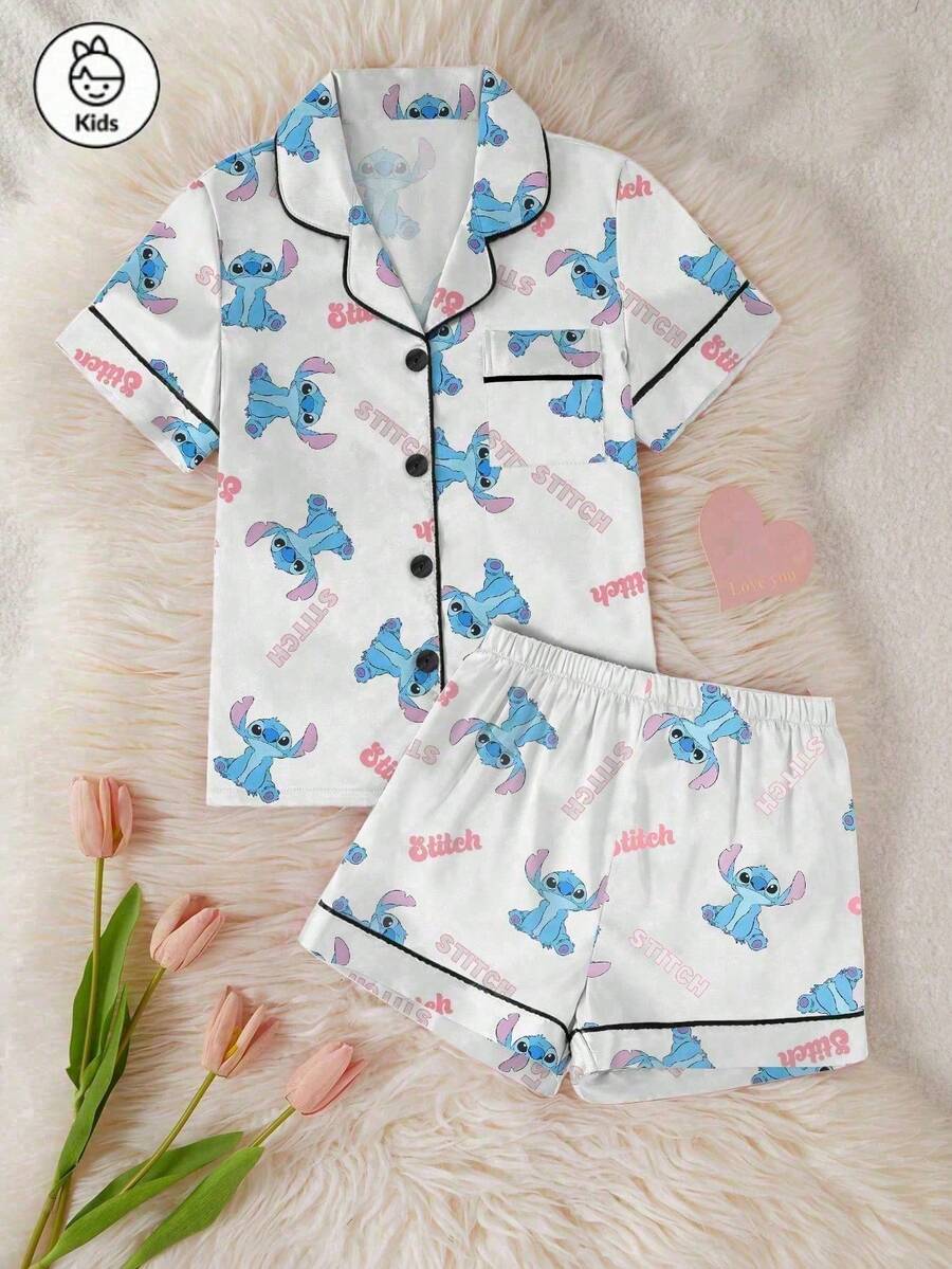 Disney Bộ đồ ngủ 2 mảnh in hình hoạt hình Stitch, kiểu dáng dễ thương, thoải mái, đa năng, tay ngắn, cạp chun, quần short cho bé gái tuổi teen, chất liệu mềm mại, thoáng khí như lụa, phù hợp mặc nhà mọi mùa. - trắng - Xem 1