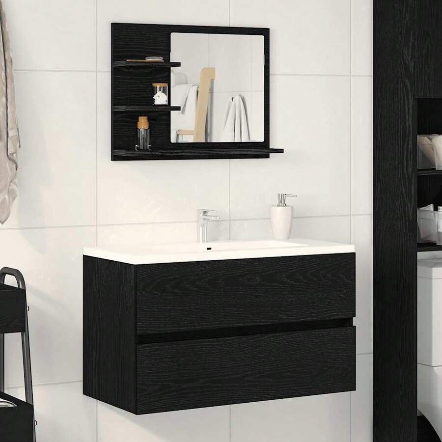 vidaXL Badspiegel Mit 3 Ablagen Spiegelregal Wandspiegel Badezimmerspiegel Bad Spiegel Badezimmer Badmöbel Eiche Schwarz 60x10,5x45cm Holzwerkstoff - 橡木黑 - 查看 1