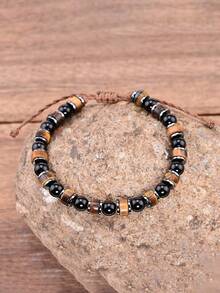 三重守护手链，6毫米虎眼石、黑曜石、赤铁矿珠子编织绳手链，寓意好运、力量、勇气，水晶瑜伽冥想饰品，男女皆宜 - 彩色 - 查看 4