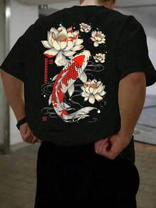 男士时尚印花宽松短袖T恤 | 精致设计 | 夏季必备 | 易于搭配，展现您的风格 - 黑色 - 查看 1