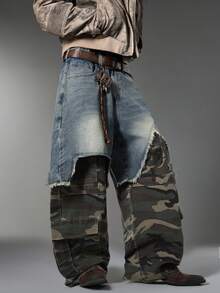 Hong Kong Style Vintage Men's Jeans, Distressed Whisker Multi-Pocket, Patchwork Versatile All-Season Pants (Belt & Accessories Not Included) - Blue - View 2