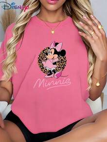 Casual Women's Disney Graphic T-Shirt, Featuring Minnie Mouse Leopard Circle Design (Street Style Vibe) - Versatile For Dating & Daily Looks, Popular Women's Red Graphic T-ShirtMade From Soft, Comfortable, And Durable Pure Cotton, This Is An Ideal Choice For Spring And Summer. This Crew Neck T-Shirt Is Suitable For Various Occasions, Including Everyday Wear, Shopping, Parties, Travel, And Gatherings, And Also Makes A Thoughtful Gift. - Pink - View 1
