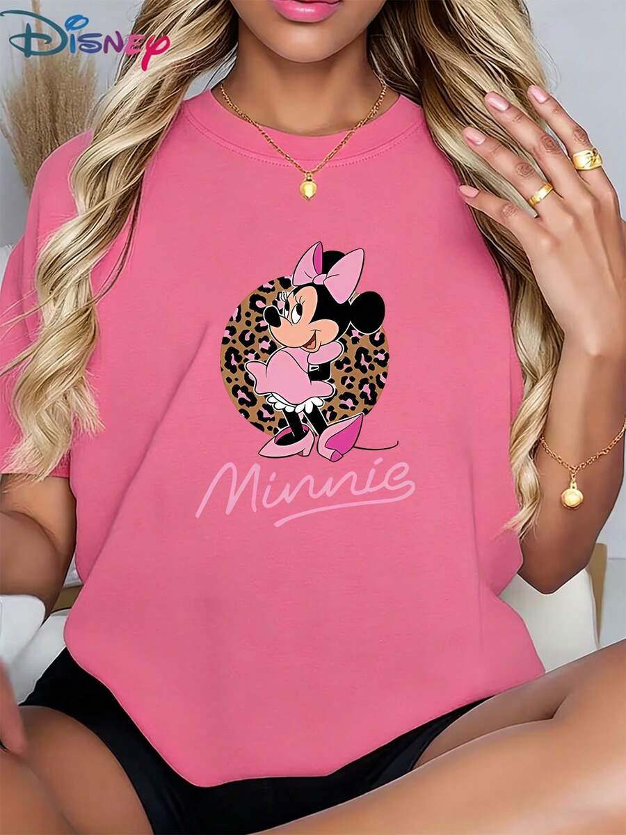 Casual Women's Disney Graphic T-Shirt, Featuring Minnie Mouse Leopard Circle Design (Street Style Vibe) - Versatile For Dating & Daily Looks, Popular Women's Red Graphic T-ShirtMade From Soft, Comfortable, And Durable Pure Cotton, This Is An Ideal Choice For Spring And Summer. This Crew Neck T-Shirt Is Suitable For Various Occasions, Including Everyday Wear, Shopping, Parties, Travel, And Gatherings, And Also Makes A Thoughtful Gift. - Pink - View 1
