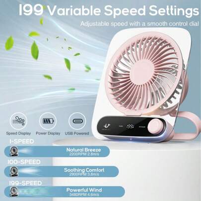 便携式USB桌面风扇，带夜灯 - 超静音，199档可调风速，180°可折叠设计，LED数字电量显示，亚克力抛光外观，适用于家庭、办公室、旅行、空调房、便携式风扇、家用降温，现代美学设计，结构