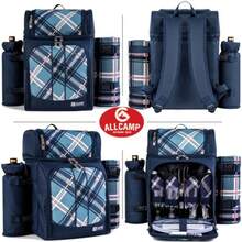 ALLCAMP Cesta de picnic para 4 personas con 2 compartimentos aislados soporte desmontable para botellas/vino manta de forro polar platos y cubiertos para reuniones familiares parejas y amigos - Azul - Ver 5