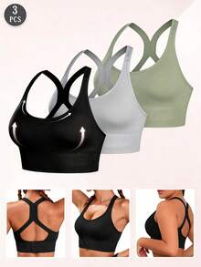 3Pcs Seamless Shock-Absorbing Sports Bra, X-Back Wireless High Support, Lightweight Breathable Running Workout Tank Top - Multicolor - View 2