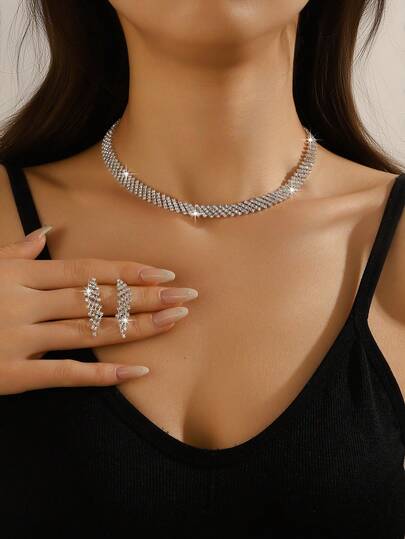 3pcs Light Luxury Bridal Jewelry Set Simple Diamond Necklace Earrings Two Pieces Jewelry Set Jewelry Earrings Neck Summer Earrings For Women