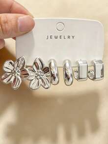 6-18pcs Chic Silver-Tone Earring Pack, Fashion Floral Geometric Textured Earrings, Everyday Wear For Women - 銀色 - 查看 7