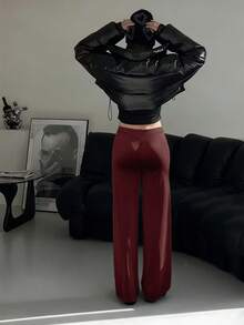 高腰喇叭瑜伽裤，提臀，弹力宽松喇叭裤腿运动裤，可机洗，女士款，阔腿裤，直筒裤，健身，夏季，春季女装，春季 - 酒紅色 - 查看 7