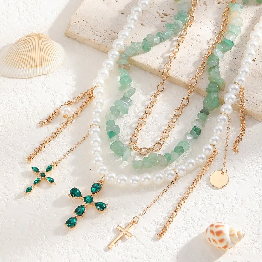Dây chuyền ngọc trai nhiều lớp, dây chuyền choker mặt dây chuyền hình thánh giá đính đá màu xanh lá cây thời trang theo phong cách INS. - Nhiều màu - Xem 1