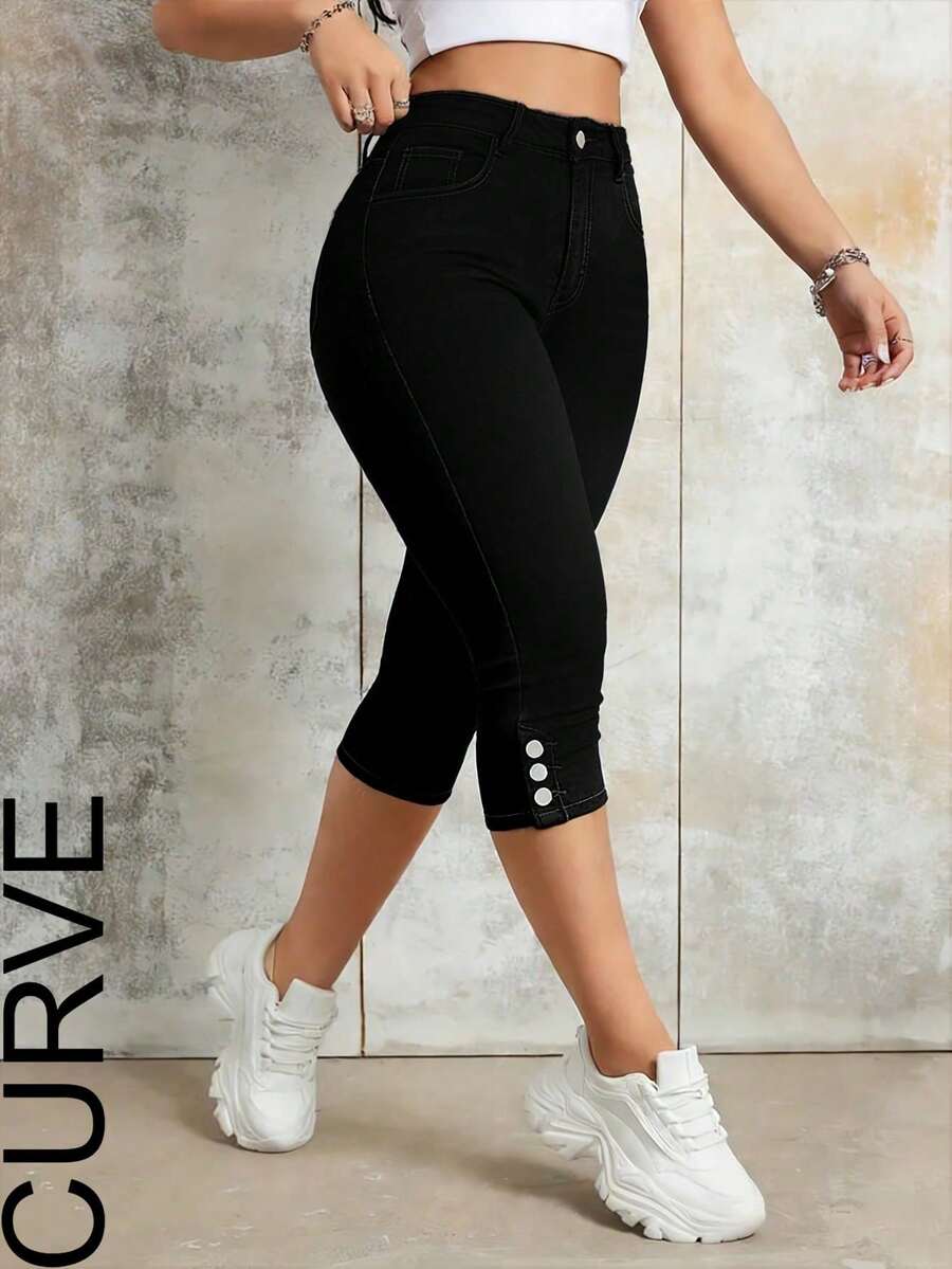 Women's Plus Size Mid-Waist Stretch Cropped Denim Jeans - Black - View 1