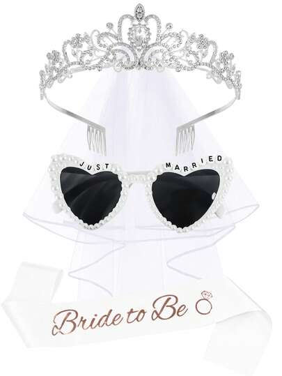 4pcs Bridal Crown Set With Belt And Veil, Suitable For Bachelorette Party Decor And Bridal Glasses, Bridal Party Accessories, Bridal Party Decor Gift Set