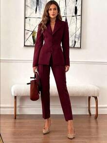2pcs/Set Elegant Basic Slim Fit Blazer Jacket + Ankle-Length Pants, Suitable For Business, Commute And Daily Wear - 酒紅色 - 查看 3