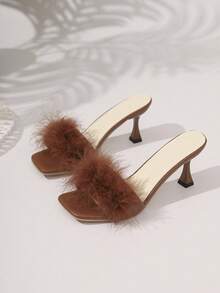 Women's High-End Fluffy Faux Feather High Heel Slide Sandals, Elegant Stiletto Mule Slippers, Brown Square Toe Strap Slip-On Sandals, Lightweight & Comfortable Thin Heel Backless Mules, Versatile Fashion Beach Flip Flops For Dates & Outings - Brown - View 5