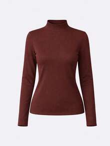 Women's Plus Size Turtleneck Long Sleeve Ribbed Winter Blouse - Coffee Brown - View 5