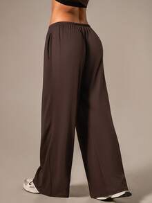 NcmRyu 1pc Women Solid Color Drawstring Elastic Waist Wide Leg Relaxed Fit Pockets Sports Pants - Coffee Brown - View 6
