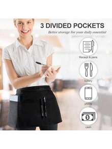 1pc Black Apron For Server, Made Of Durable Polyester Blend Fabric With 3 Large Pockets, Adjustable Waist Strap, Lightweight And Water-Resistant, Suitable For Restaurants, Cafes, Catering Services And More. Ideal For Waiters, Bartenders, Teachers, Gardeners And Home Chefs To Keep Essentials Organized And Hands-Free, Presenting A Professional Look For Breakfast, Lunch, Dinner Service, Holidays And Everyday Use. - Half-length - View 4