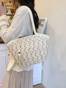 2026 Spring New Large Capacity Tote Bag, Minimalist Cotton Rope Woven Straw Basket Handbag - White - View 7