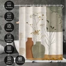 1pc Artistic Floral Shower Curtain, Made Of Polyester, Waterproof, Non-Shading, Suitable For Home And Bathroom Decor, Comes With 12 Hooks - A - View 5