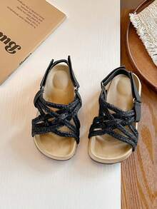 1 Pair Children's Retro Woven Flat Sandals, Non-Slip Versatile Hook And Loop Roman Kids Shoes, Comfortable Casual Girls Shoes - Black - View 3
