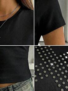 Women's Punk High Stretch Retro Cross Sequin Round Neck T-Shirt Tee For Street Concert Summer Spring, Concert Rave, Tops, Shirts, Vacation, Summer, Spring Break, Spring Casual Black - Black - View 9