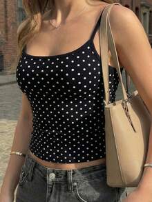 Áo tank top nữ chấm bi dây mảnh dáng ngắn, chất liệu co giãn vừa phải. - màu đen - Xem 6