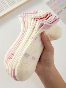 5 Pairs Bow Design White And Pink Cute Ladies' Ankle Socks, Non-Slip Comfortable Breathable, Suitable For Spring And Summer - Pink - View 3