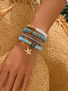4pcs Summer Beach Starfish Beaded Bracelet Set, Suitable For Women Holiday Beach Outing Accessories, Bohemian Style Multi-Layer Stacking Colorful Friendship Bracelets, Best Gift For Friends - Multicolor - View 1